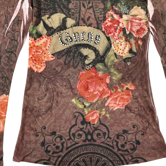 Y2K Vintage GUESS Red Purple Floral Rhinestone Long Sleeve Top sz XS - Picture 5 of 8